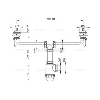 Сифон для двойной мойки AlcaPlast с нержавеющими решетками ?70 без штуцера A449-DN50/40